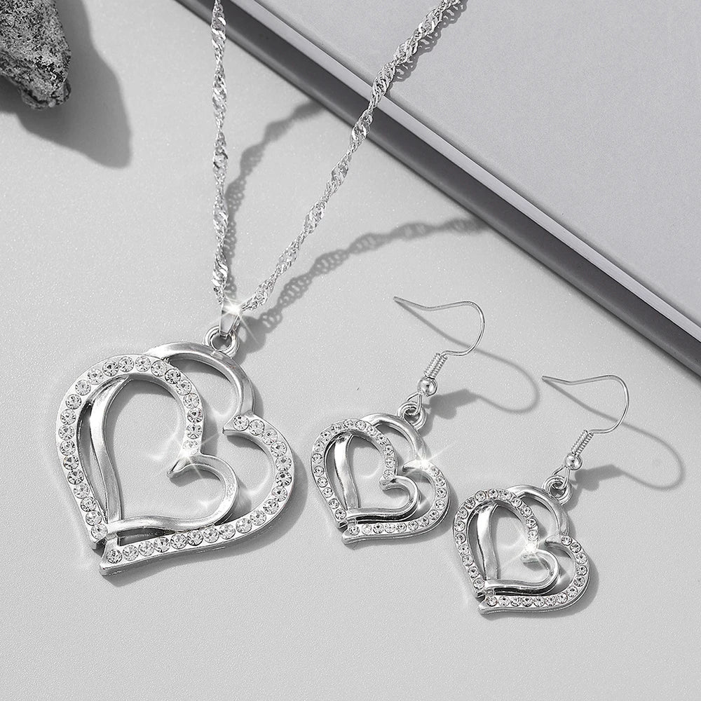 3-Piece Double Heart Jewelry Set – Rhinestone Necklace & Earrings for Women