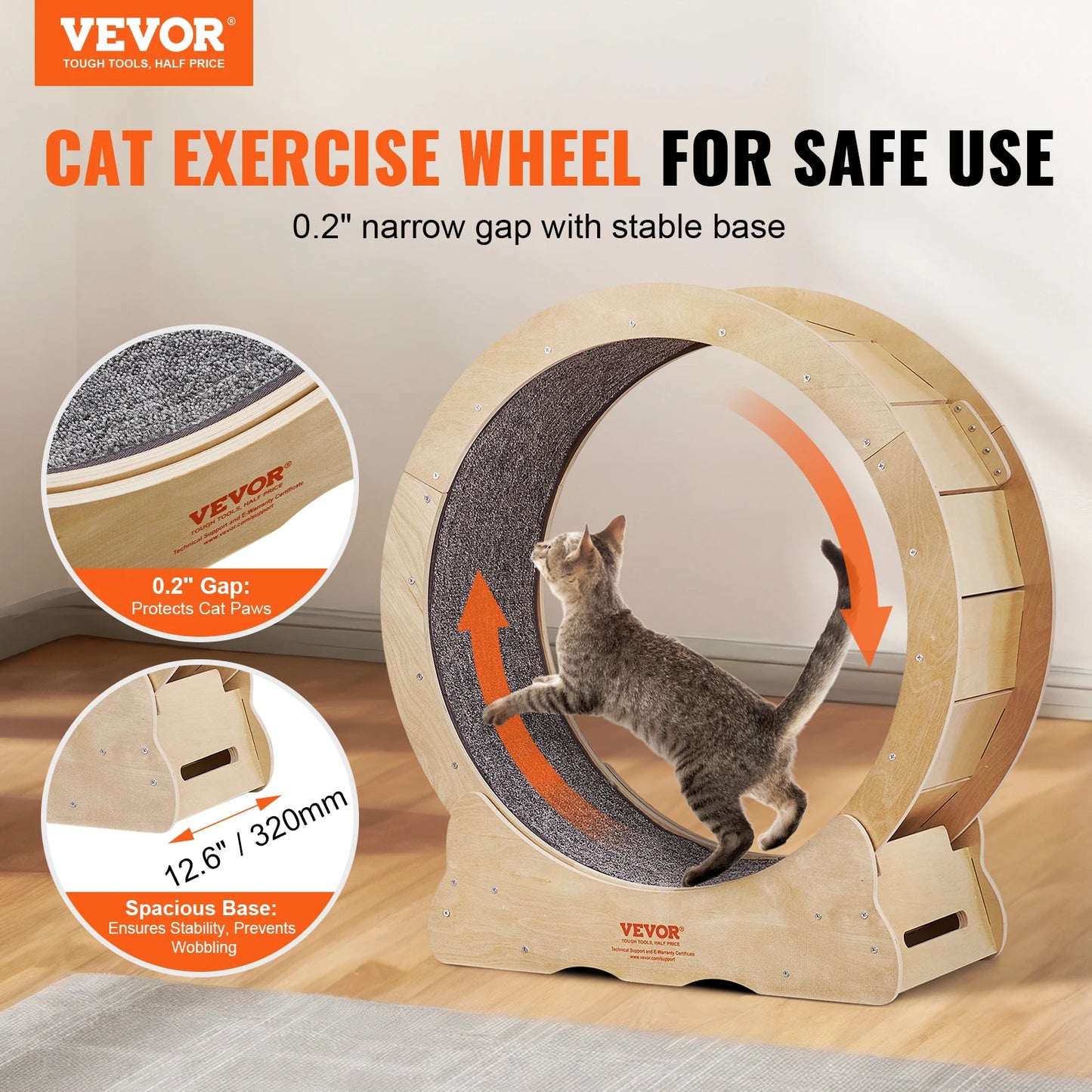 VEVOR Cat Exercise Wheel – Natural Wood Silent Treadmill with Removable Carpet