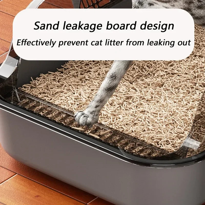 Semi-Enclosed High-Sided Cat Litter Box – Splashproof Kitty Toilet with Scoop