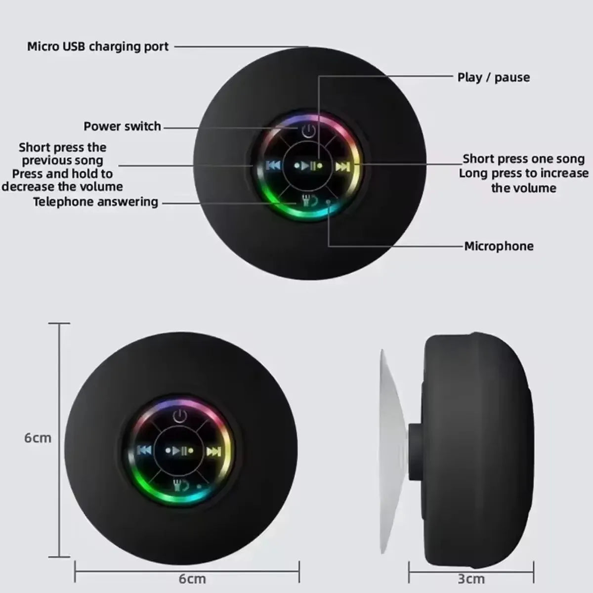 2025 Waterproof Bluetooth Shower Speaker – Portable LED Mini Speaker with Suction Cup