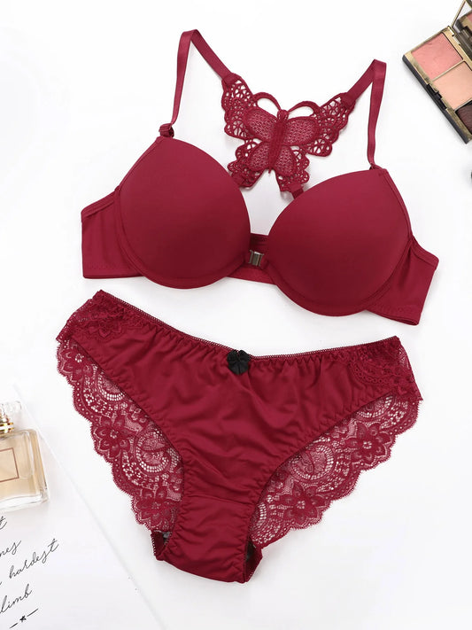Sexy Red 2-Piece Bra Set with Butterfly Back & Front Button Design"