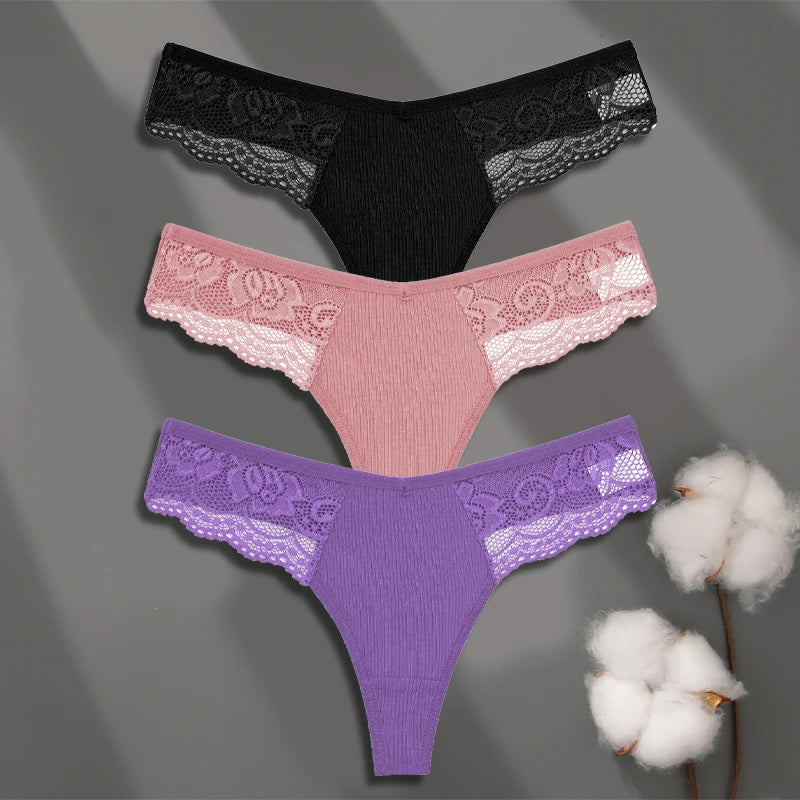 LaceLuxe – 3PCS Women's Cotton Lace Thong Set