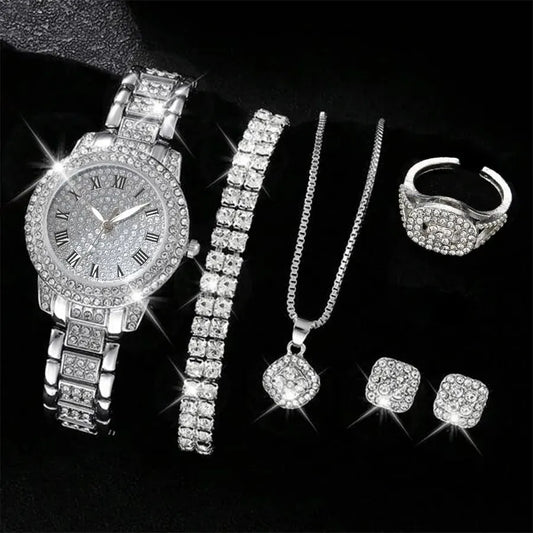 CrystalMuse Set – 6PCS Women's Luxury Watch & Rhinestone Bracelet Collection