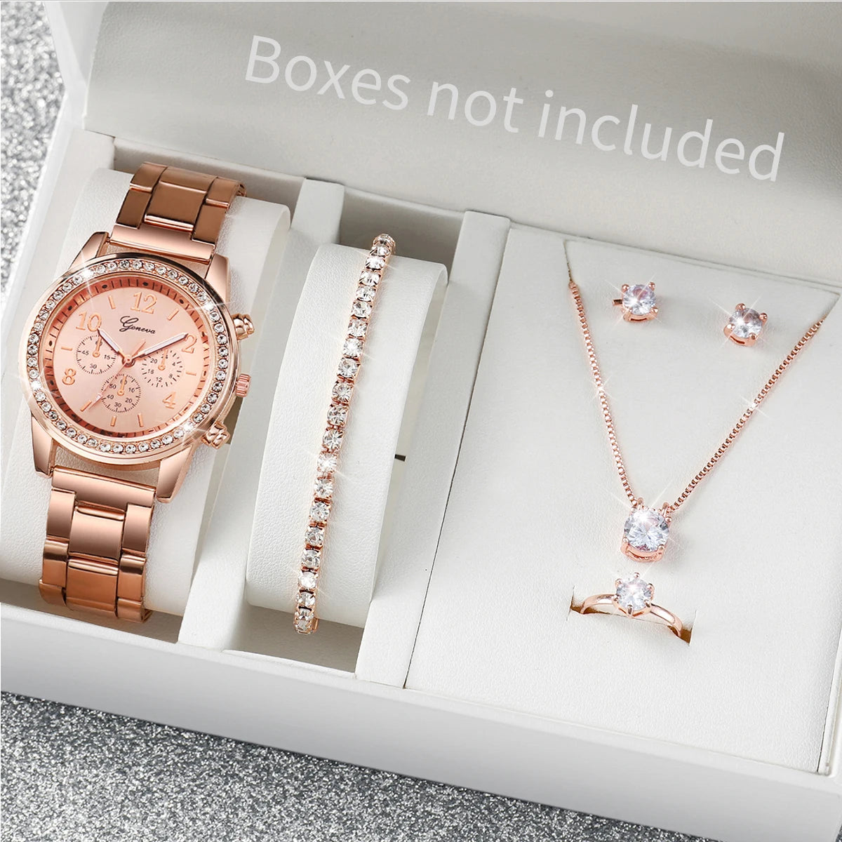 6PCS Women's Rhinestone Watch & Jewelry Set – Stainless Steel Quartz Elegance