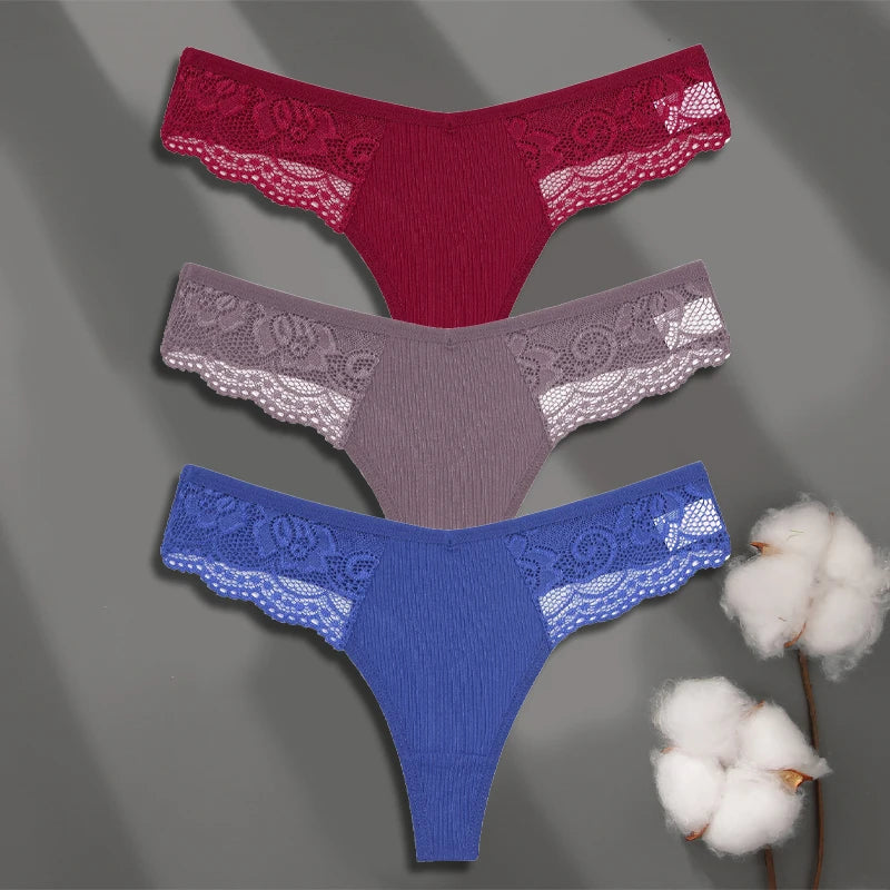 LaceLuxe – 3PCS Women's Cotton Lace Thong Set