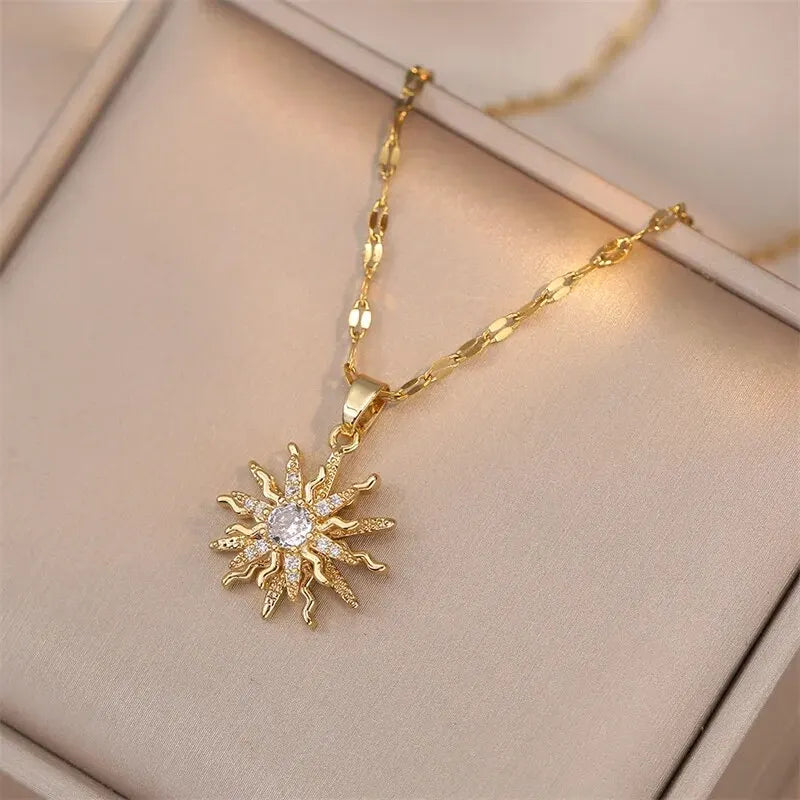Spin Zircon Flower Pendant Necklace – Elegant Gold-Tone Statement Jewelry for Women