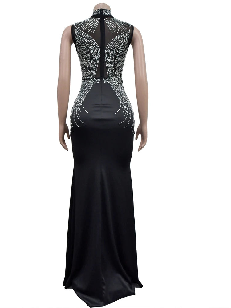 MidnightGlint – Black Mesh Crystal Maxi Dress with High Slit