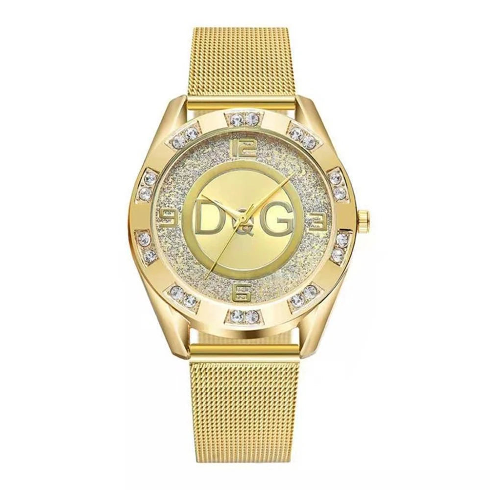 StarGleam DQG – Women's Diamond Quartz Watch with Gold Mesh Strap