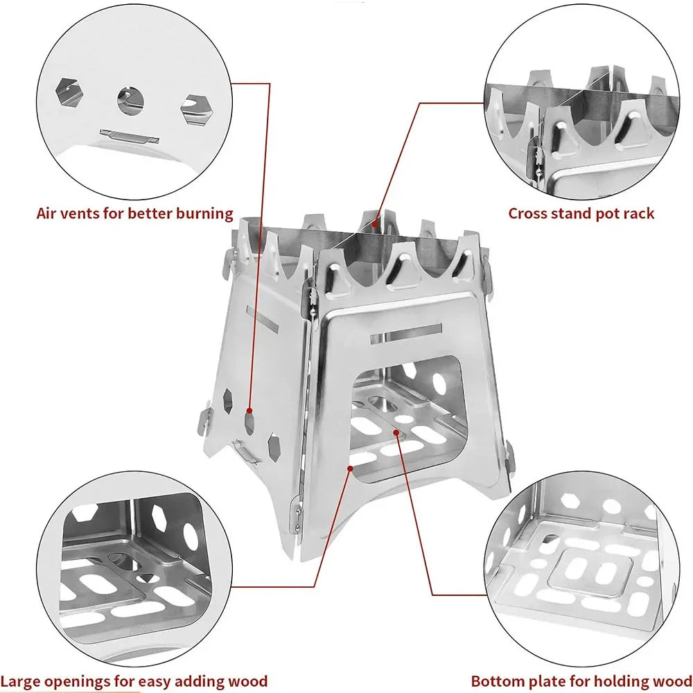 Portable Stainless Steel Camping Wood Stove – Folding Firewood Burner for Outdoor Cooking