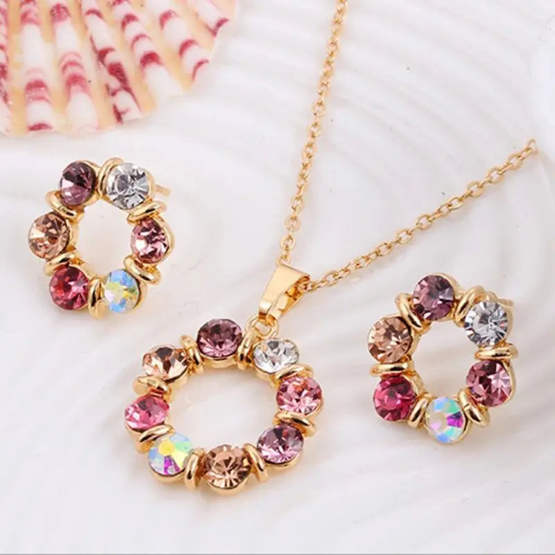 Gold Circle Diamond Jewelry Set – 3PCS Elegant Necklace & Earrings for Women