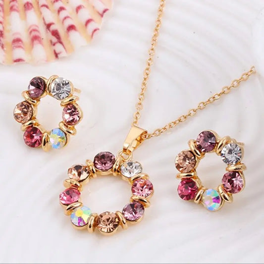 Gold Circle Diamond Jewelry Set – 3PCS Elegant Necklace & Earrings for Women