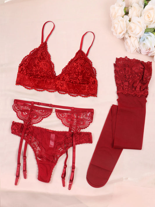 Varsbaby Lace Seduction Set – 4-Piece Non-Padded Bra, Panty & Garter Stockings Lingerie