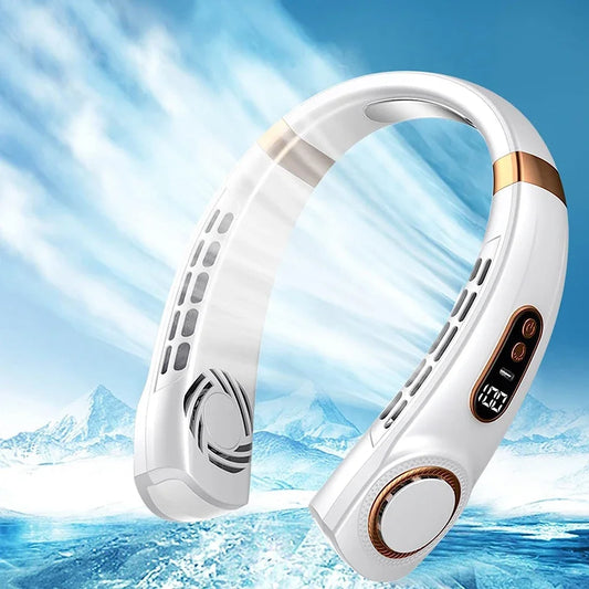 Bladeless Neck Fan – USB Rechargeable Silent Fan with 5 Speeds & Digital Display
