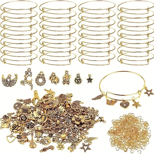 90-Piece DIY Silver Bangle & Charm Kit – Adjustable Bracelets with Earring Hooks & Jump Rings