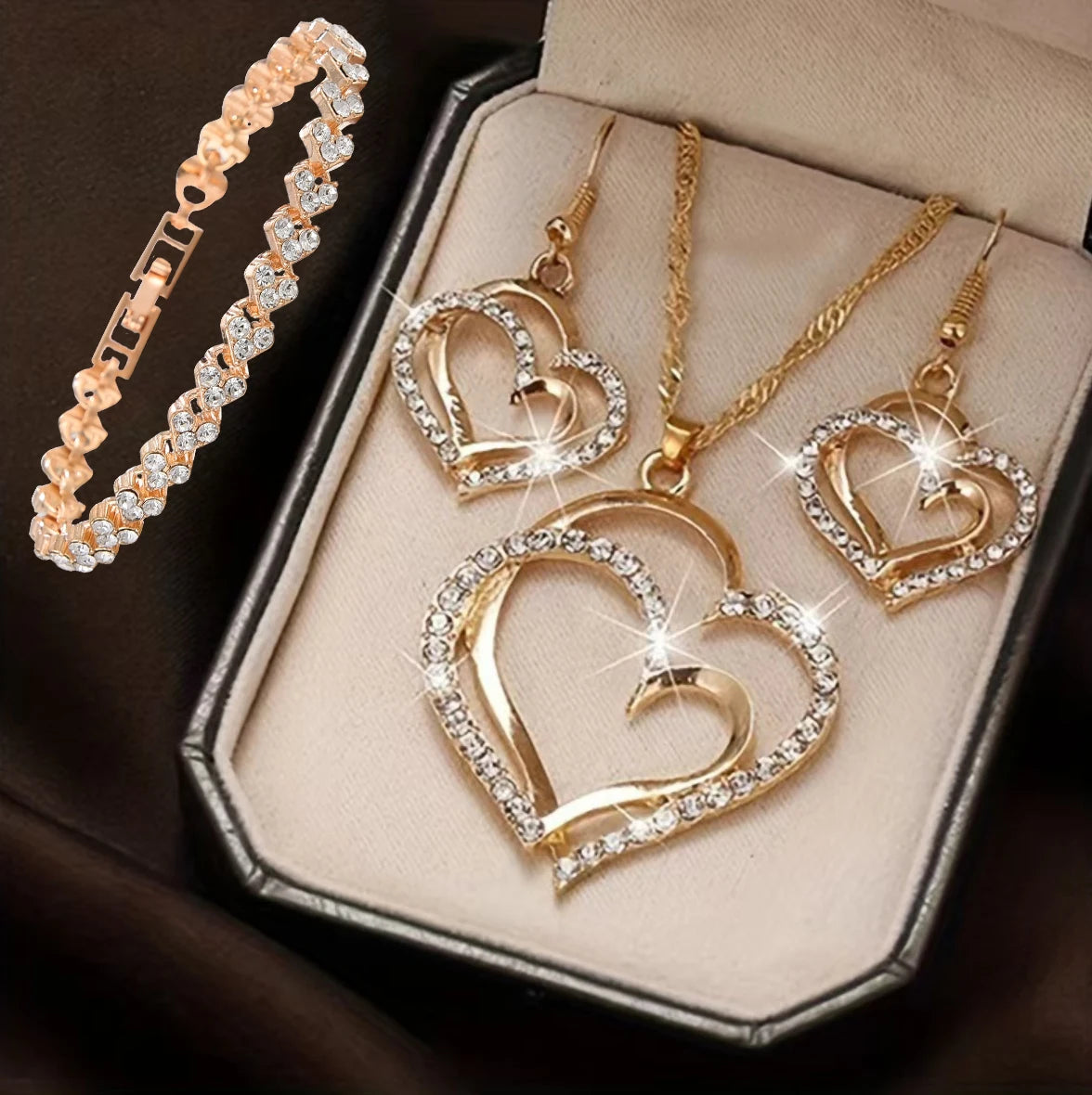 3-Piece Double Heart Jewelry Set – Rhinestone Necklace & Earrings for Women