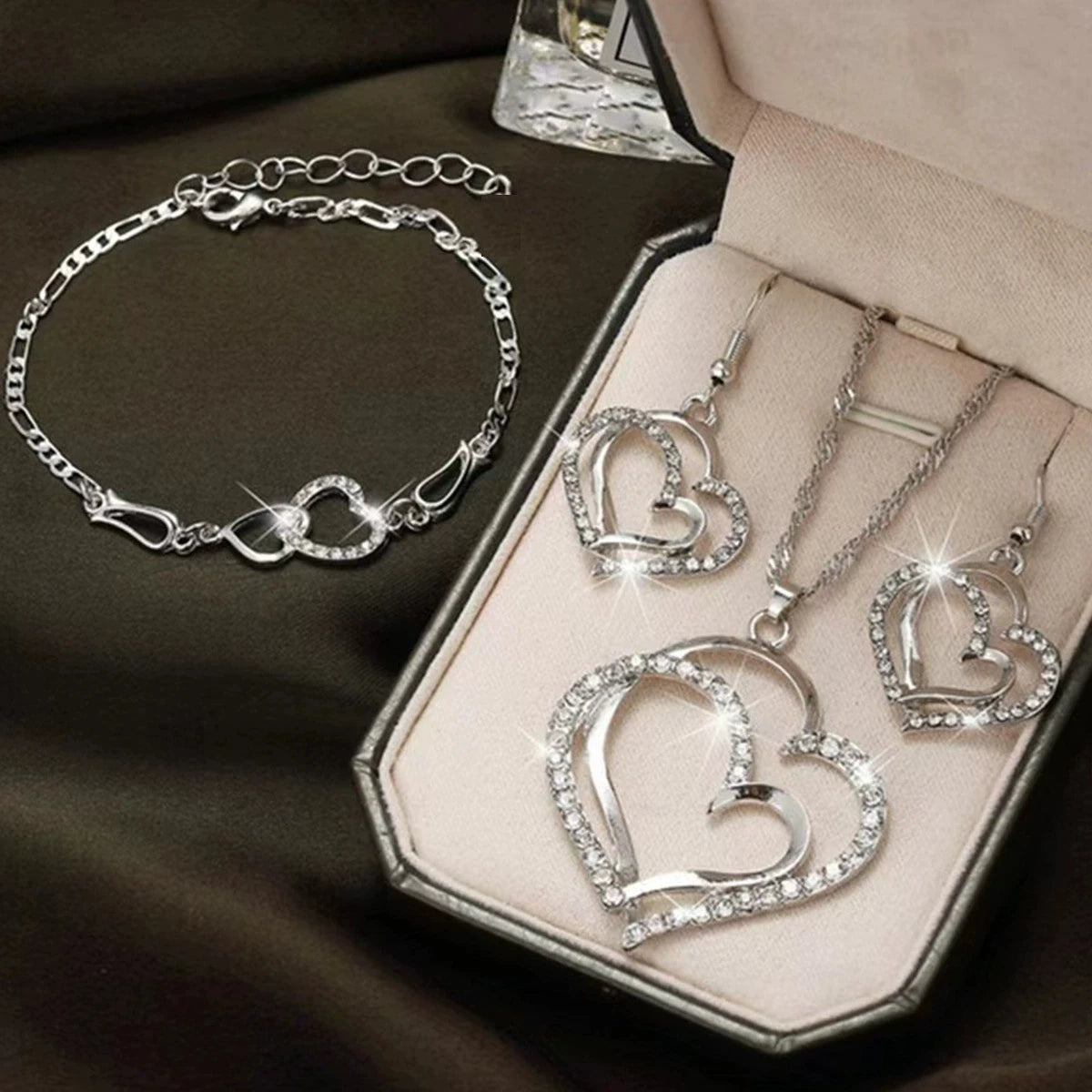 3-Piece Double Heart Jewelry Set – Rhinestone Necklace & Earrings for Women