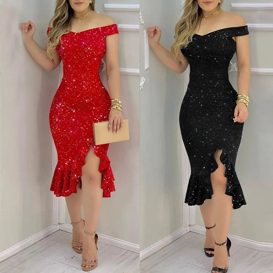 Sexy Off-Shoulder Sequin Ruffle Dress – Elegant Irregular Summer Outfit