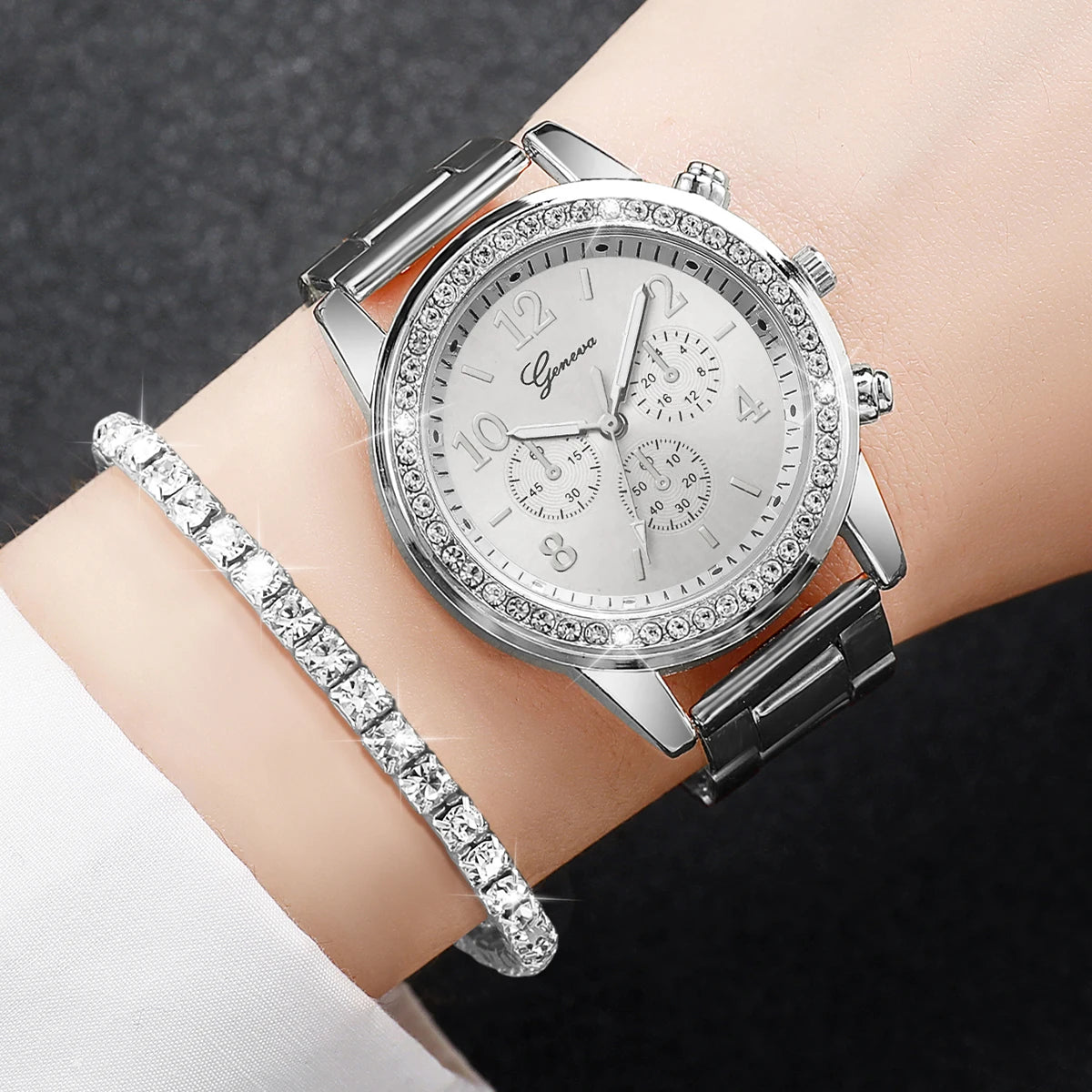 6PCS Women's Fashion Silver Steel Band Analog Quartz Watch & Diamond Jewelry Set (No Box)