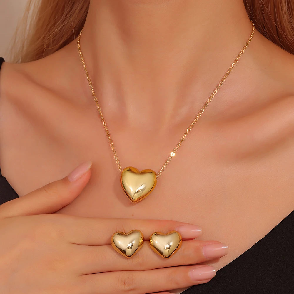 3-Piece Double Heart Jewelry Set – Rhinestone Necklace & Earrings for Women