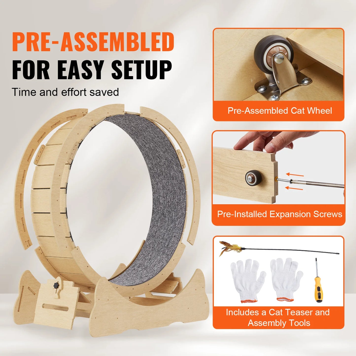 VEVOR Cat Exercise Wheel – Natural Wood Silent Treadmill with Removable Carpet