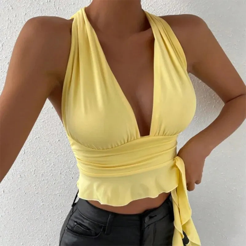 VGlow – Women's Deep V-Neck Pleated Sexy Top