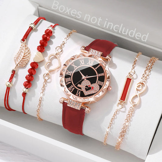 6-Piece Women’s Fashion Watch & Bracelet Set – Heart Dial Leather Band Quartz