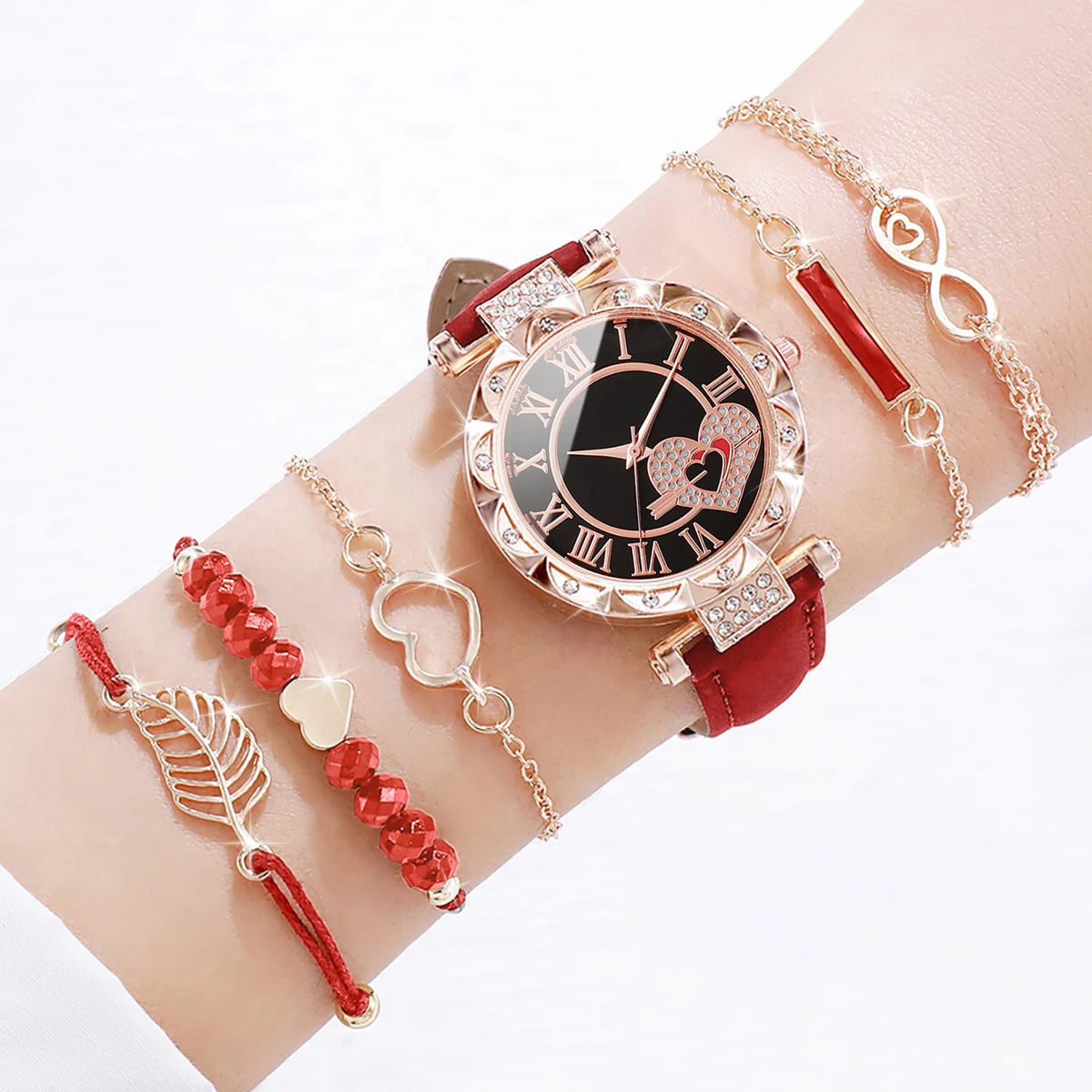 6-Piece Women’s Fashion Watch & Bracelet Set – Heart Dial Leather Band Quartz