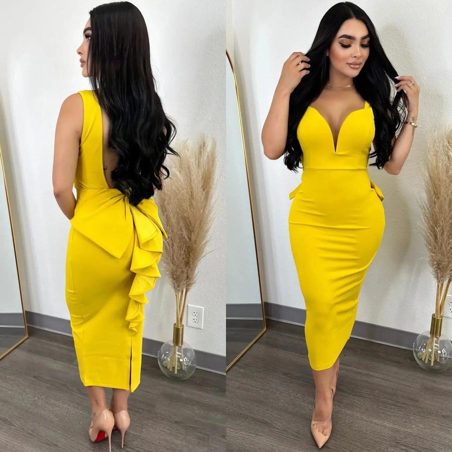 VéraBow – Deep V Open-Back Slit Dress with Statement Bow