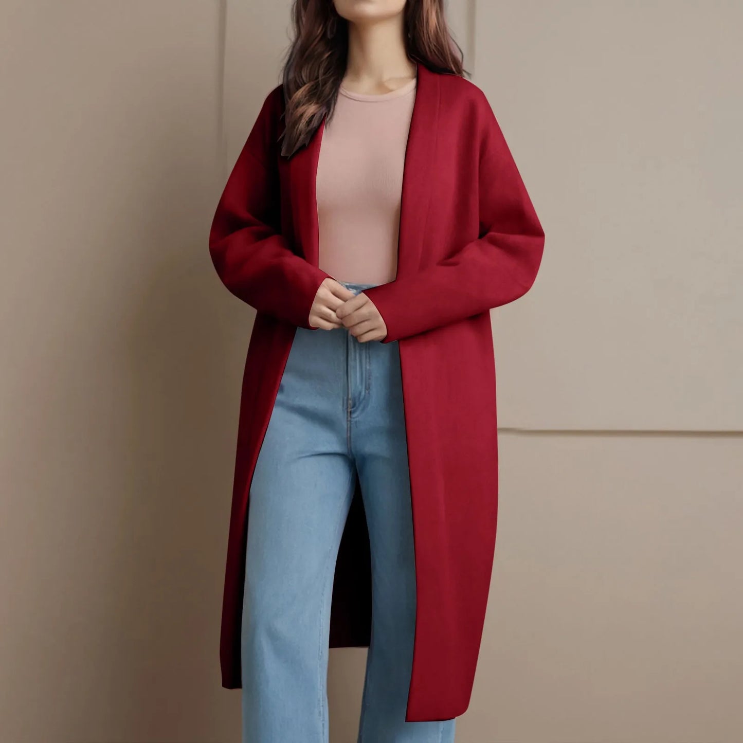 Long Knitted Cardigan for Women – Open Front V-Neck Winter Coat