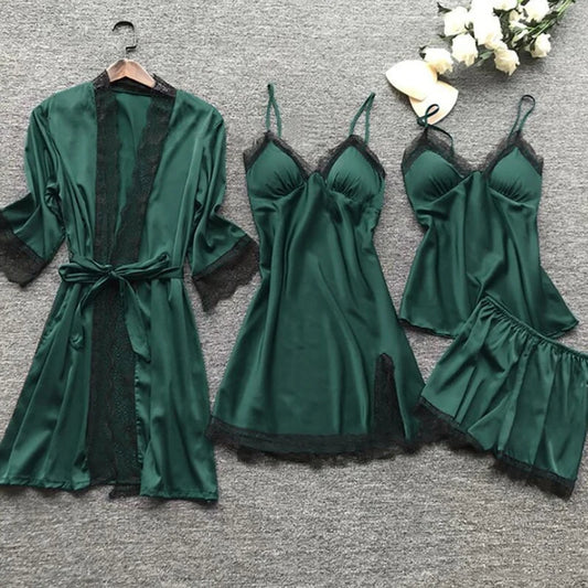 4-Piece Lace Pajama Set for Women – V-Neck Nightwear with Chest Pads