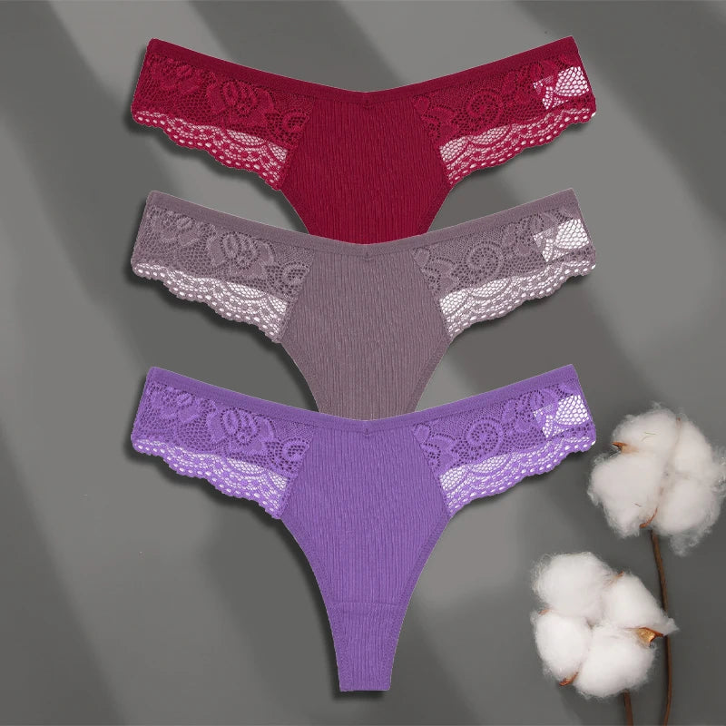 LaceLuxe – 3PCS Women's Cotton Lace Thong Set