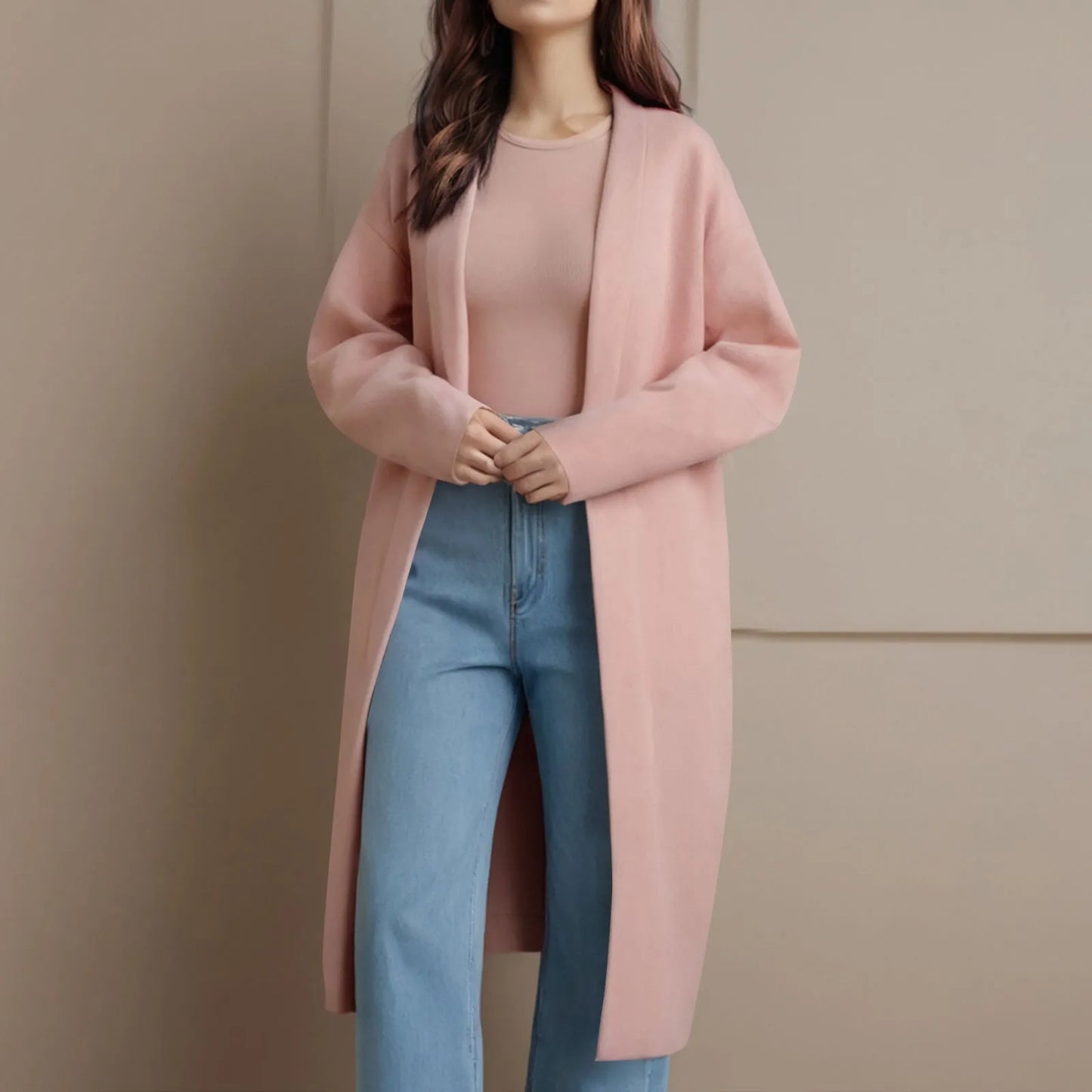 Long Knitted Cardigan for Women – Open Front V-Neck Winter Coat