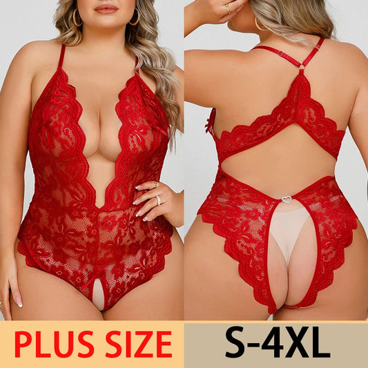 CurvyDesire – Plus Size Crotchless Lace Teddy
