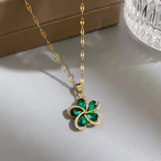 Green Zircon Flower Pendant Necklace – Stainless Steel Lucky Chain for Women