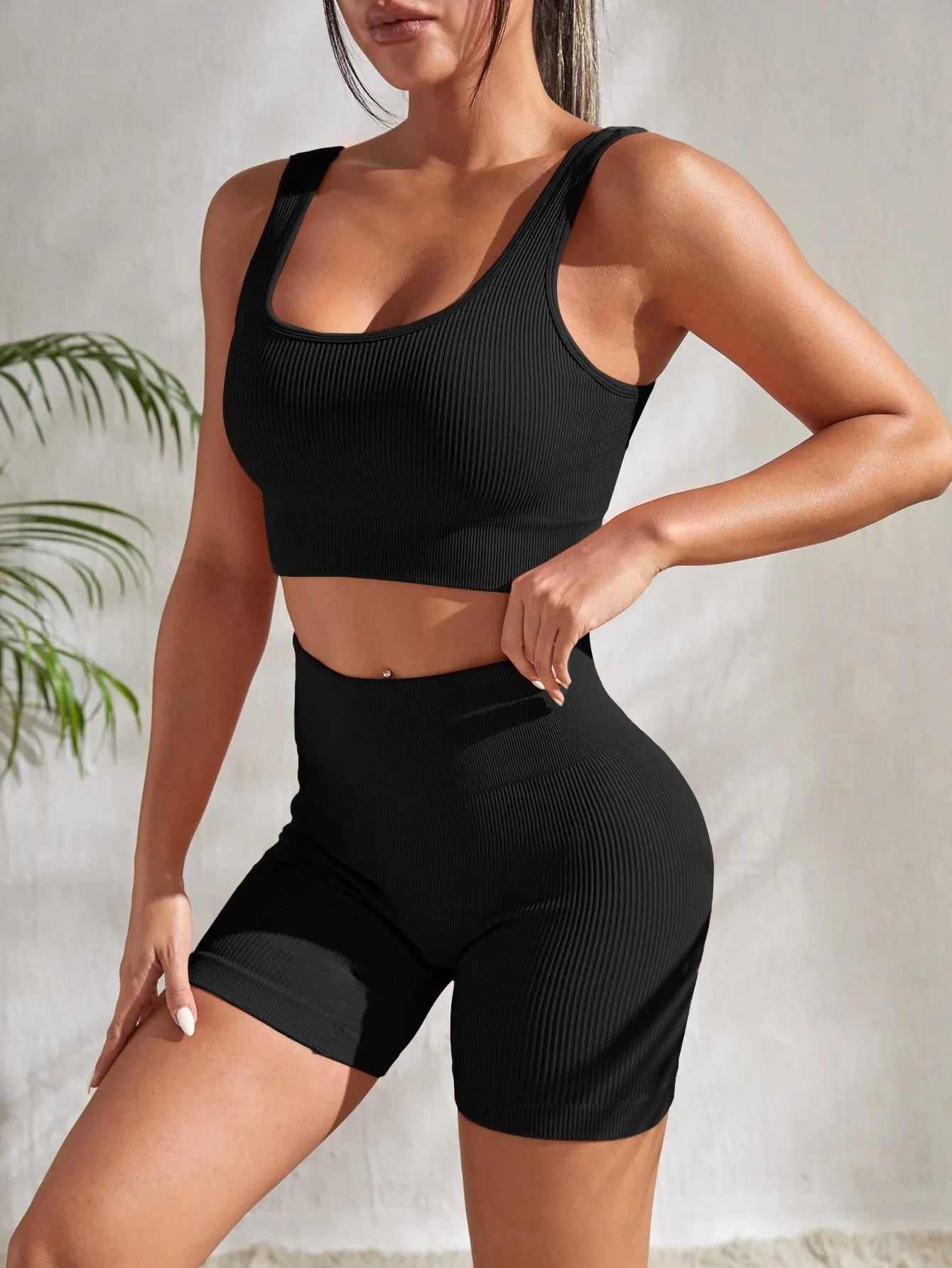 Seamless Ribbed Yoga Set – 2-Piece Crop Tank & High Waist Shorts for Women