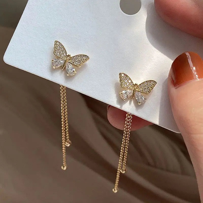 Butterfly Rhinestone Tassel Earrings – 2-Way Drop Earrings for Women & Girls