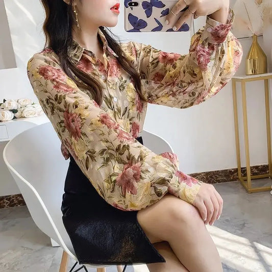 Women's Spring Fashion Simplicity Sexy Floral Long Sleeve Chiffon Shirts Women Clothes Trend Casual Elegant Temperament Tops