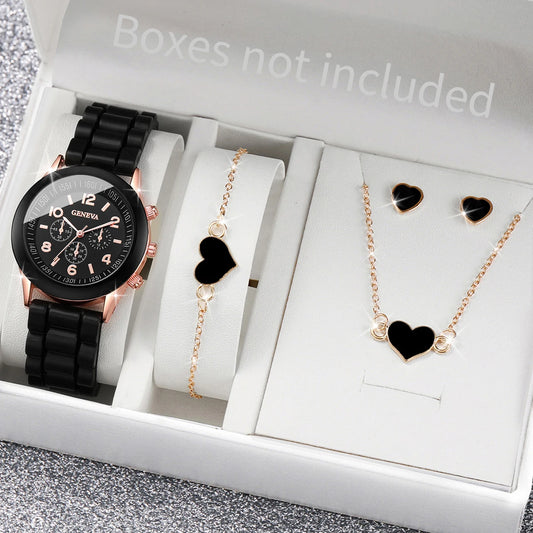 5/6PCS Women’s Fashion Watch & Jewelry Set – Silicone Band Quartz Watches Gift (No Box)
