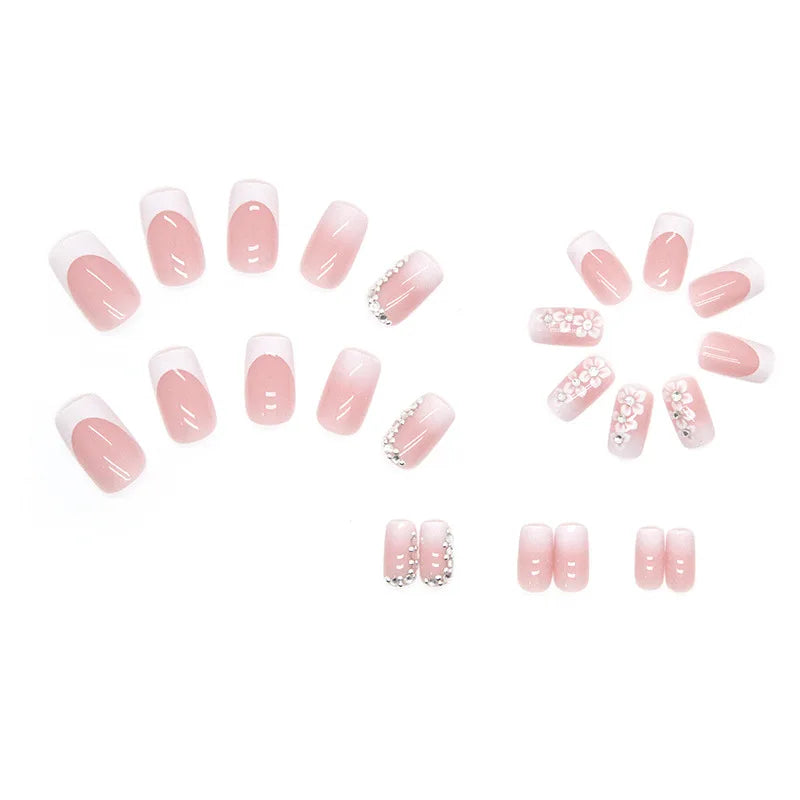 24-Piece Short French Flower Press-On Nails – With Jelly Glue & File