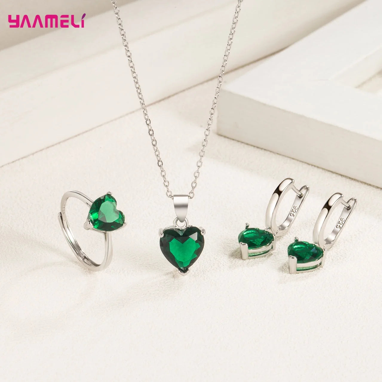 Sterling Silver 925 Heart Jewelry Gift Set – Necklace, Earrings & Ring with Zircon