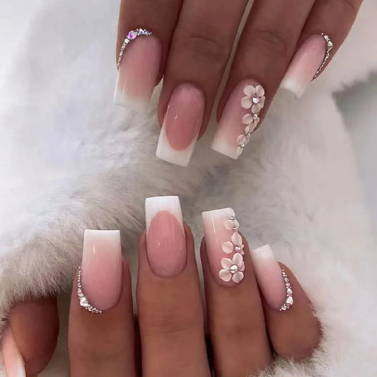 24-Piece Short French Flower Press-On Nails – With Jelly Glue & File