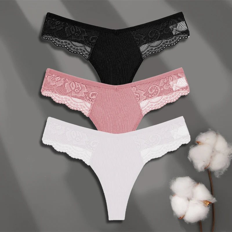 LaceLuxe – 3PCS Women's Cotton Lace Thong Set