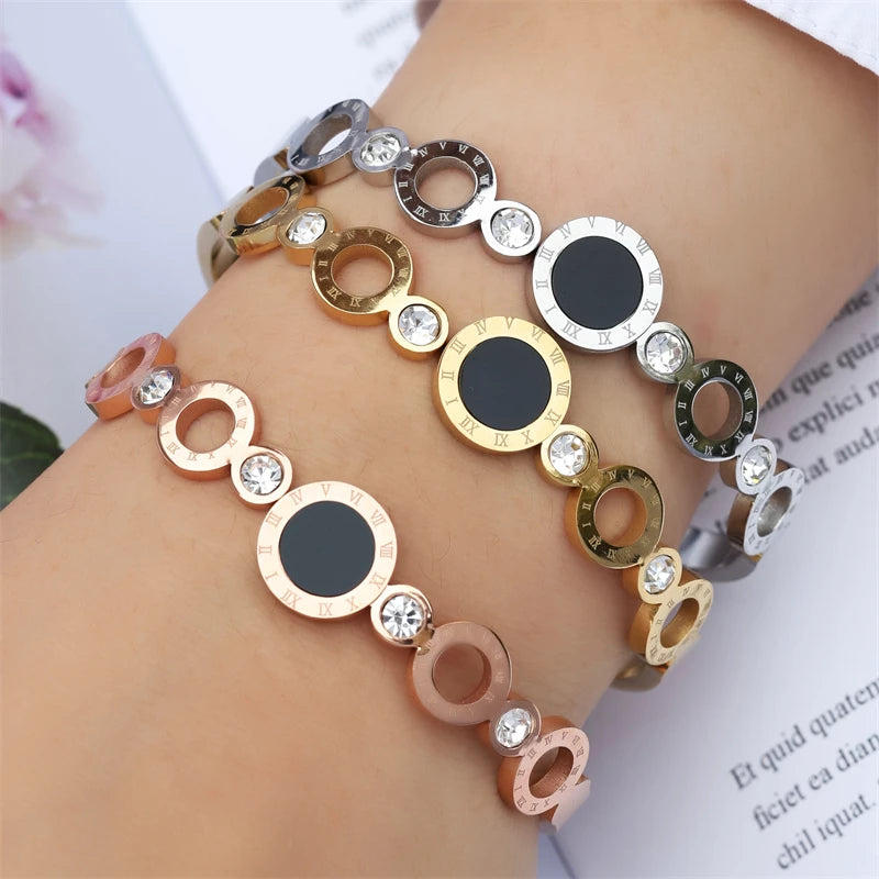 ZAKOL Black Shell Roman Numeral Titanium Steel Bangle – Hollow Circle Button Bracelet
