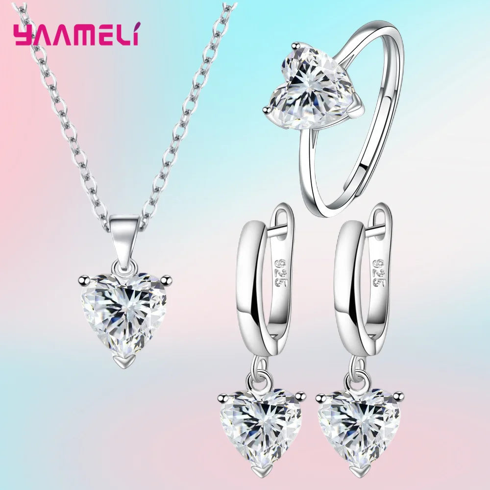 Sterling Silver 925 Heart Jewelry Gift Set – Necklace, Earrings & Ring with Zircon