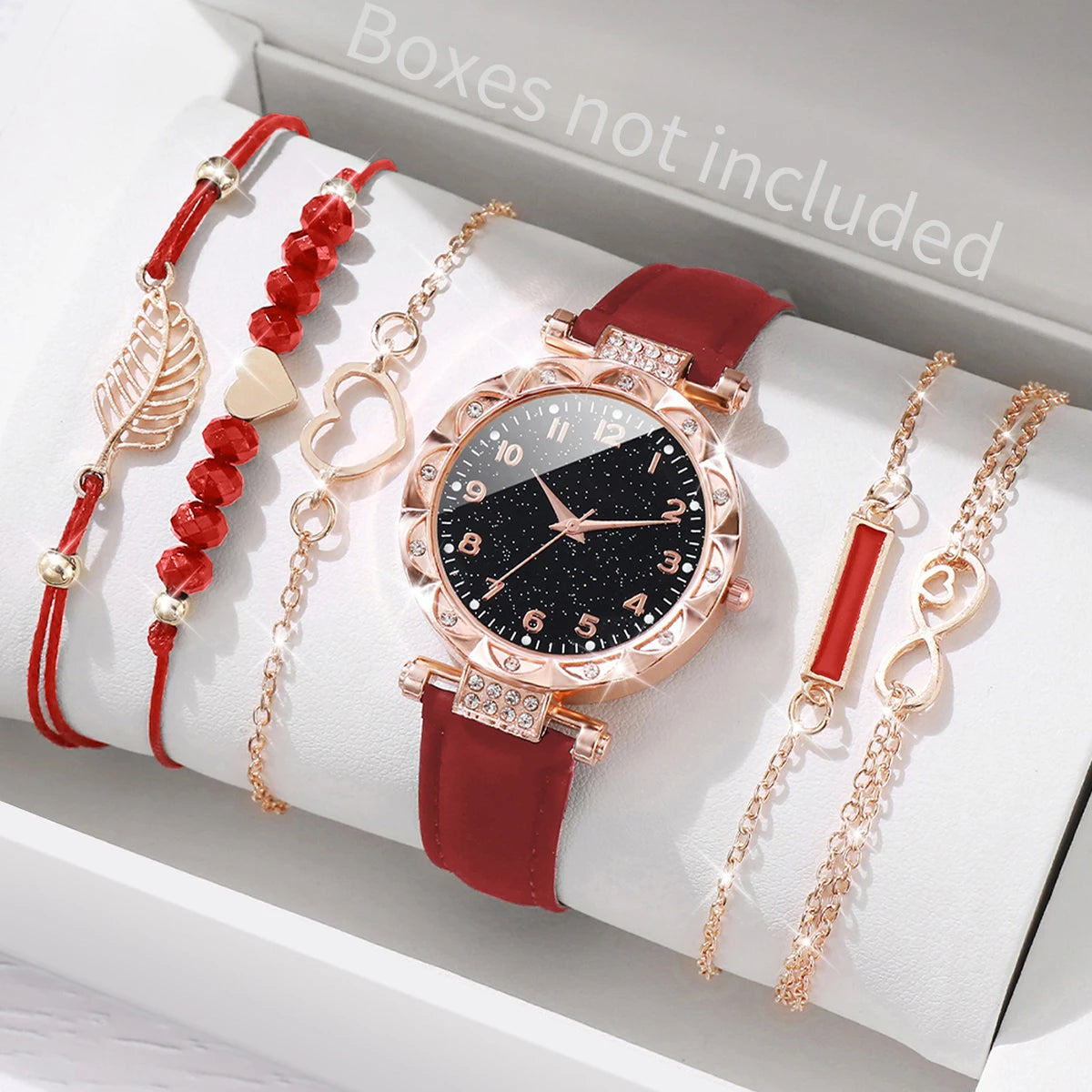 6-Piece Women’s Fashion Watch & Bracelet Set – Heart Dial Leather Band Quartz