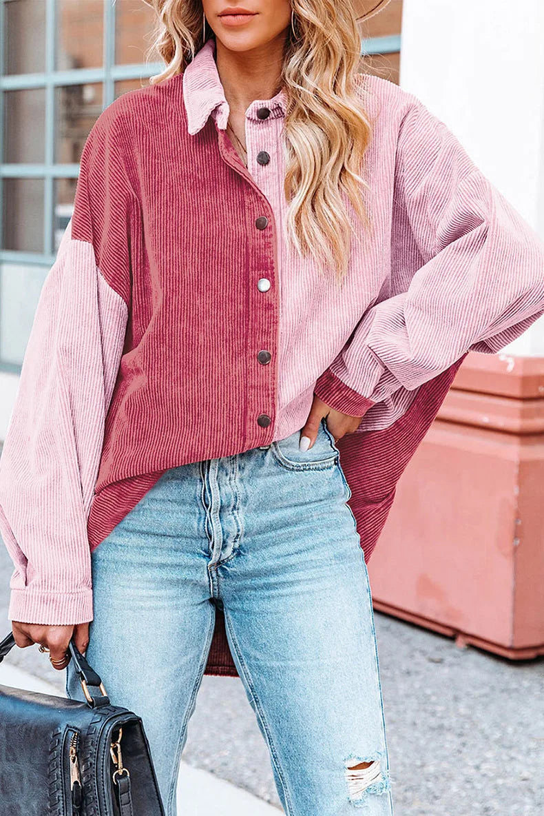 Color Block Drop Shoulder Jacket – Long Sleeve Single-Breasted Fall & Winter Coat