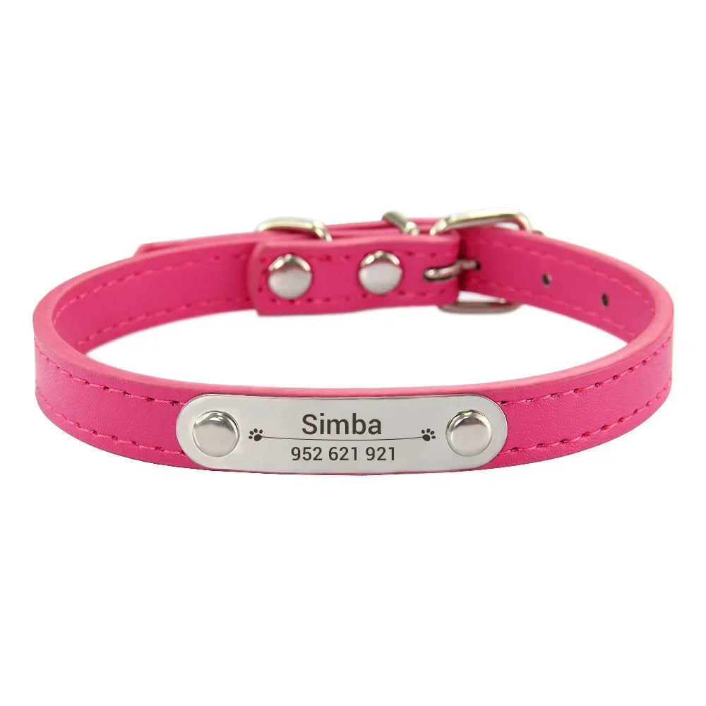 Personalized PU Leather Dog Collar – Custom Name ID Tag, Anti-Lost Design (Pink)