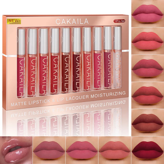 Cakaila NudeLux – 10PCS Matte Velvet Waterproof Liquid Lipstick Set