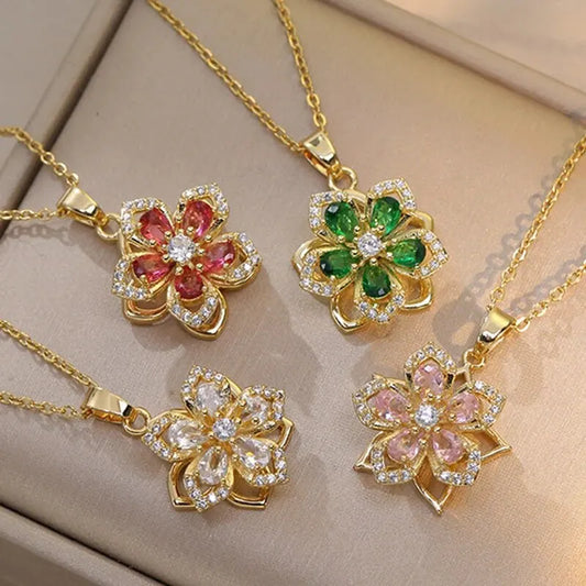 Spin Zircon Flower Pendant Necklace – Elegant Gold-Tone Statement Jewelry for Women