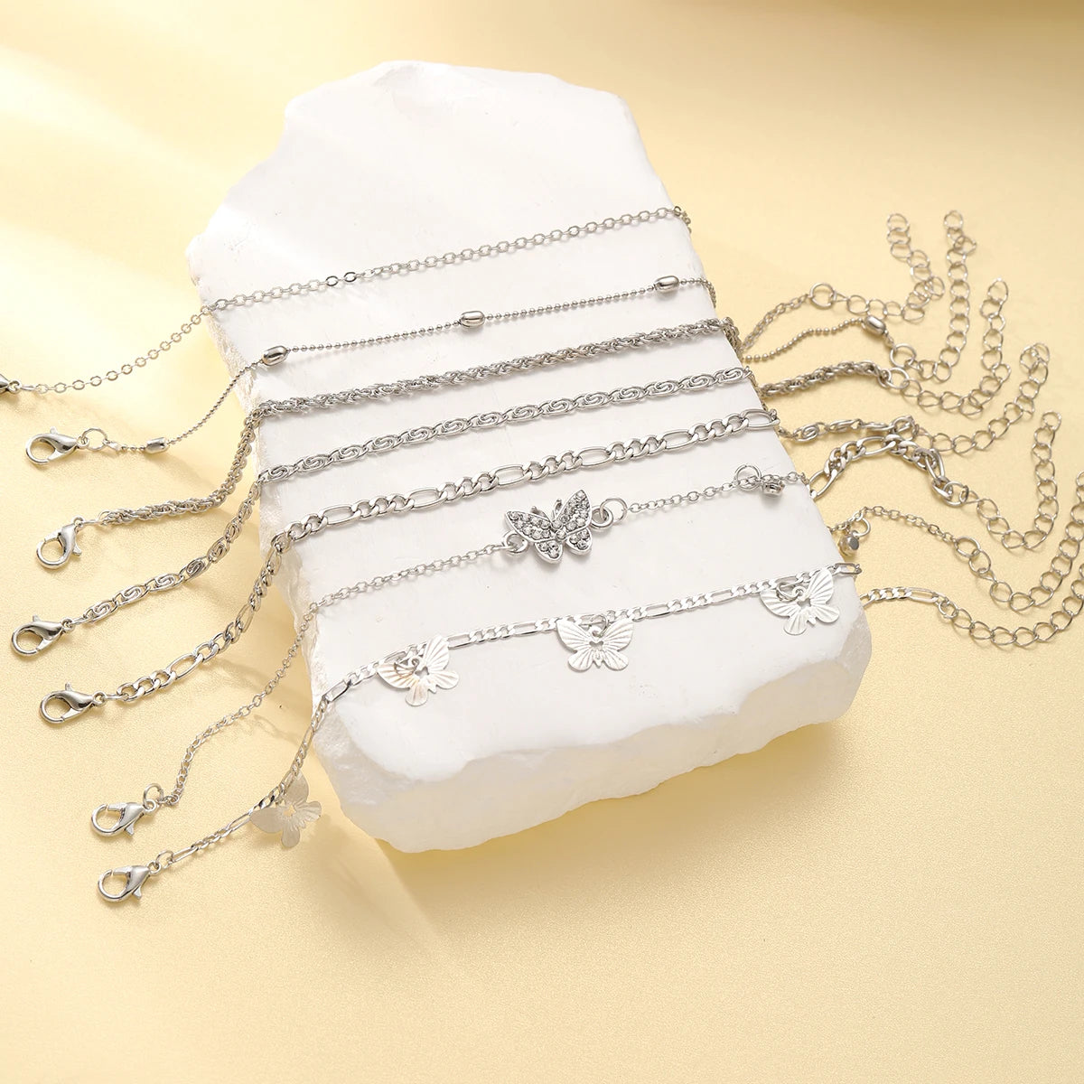 Boho Summer Anklet Set – Silver Charm Chain with Pearls, Butterflies & Stars